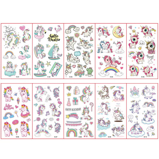 10 Sheets/Pack Kids Cartoon Unicorn Tattoo Sticker for Children's Arm Hands Body Cute Temporary Fake Tatoo