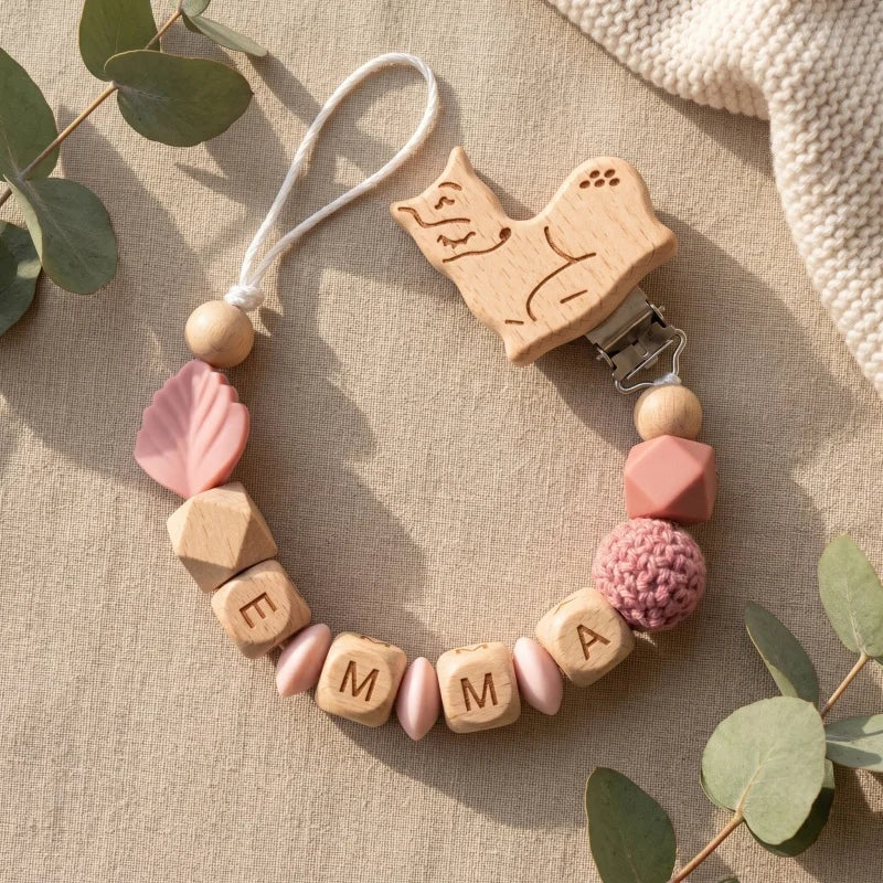 Personalized Pacifier Clip Custom Name Silicone Wooden Beads Baby Teether Chain Soother Holder BPA Free Newborn Baby Shower G