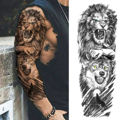 1 Sheets Wolf Lion Tiger Maori Temporary Tattoos For Men Women Adults Full Sleeve Arm Flower Rose Skull Tattoo Sticker Decor 