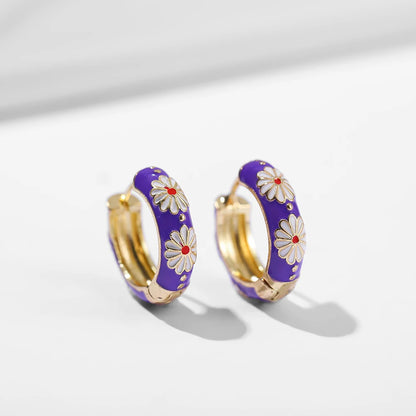Vintage Enamel Flowers Cute Huggies Hoop Earrings for Women Classic Colorful Engraved Round Circle Ear Buckle Retro Brincos -