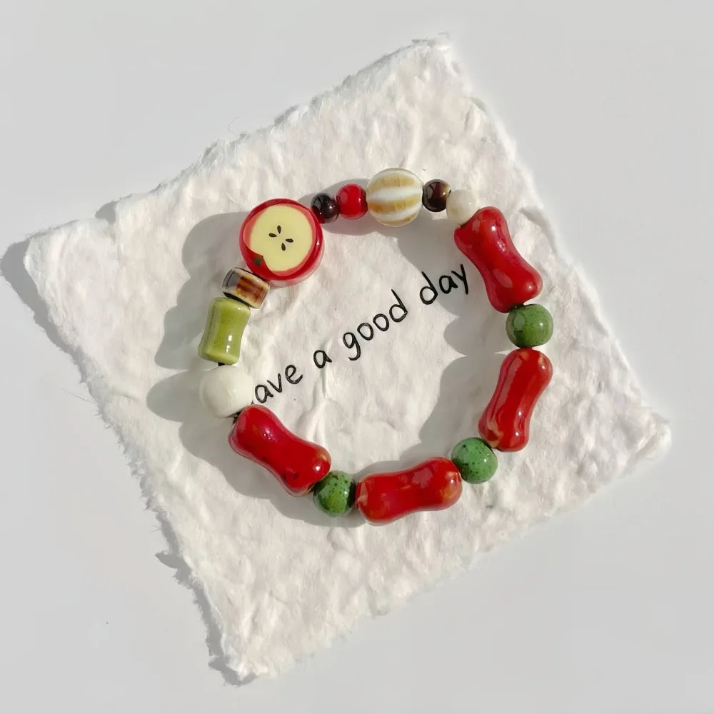 Retro imitation Apple Ceramic Bead Bracelet Cute Color Mixed Star Women Bracelet Fashion Design Jewelry Trend Accessories