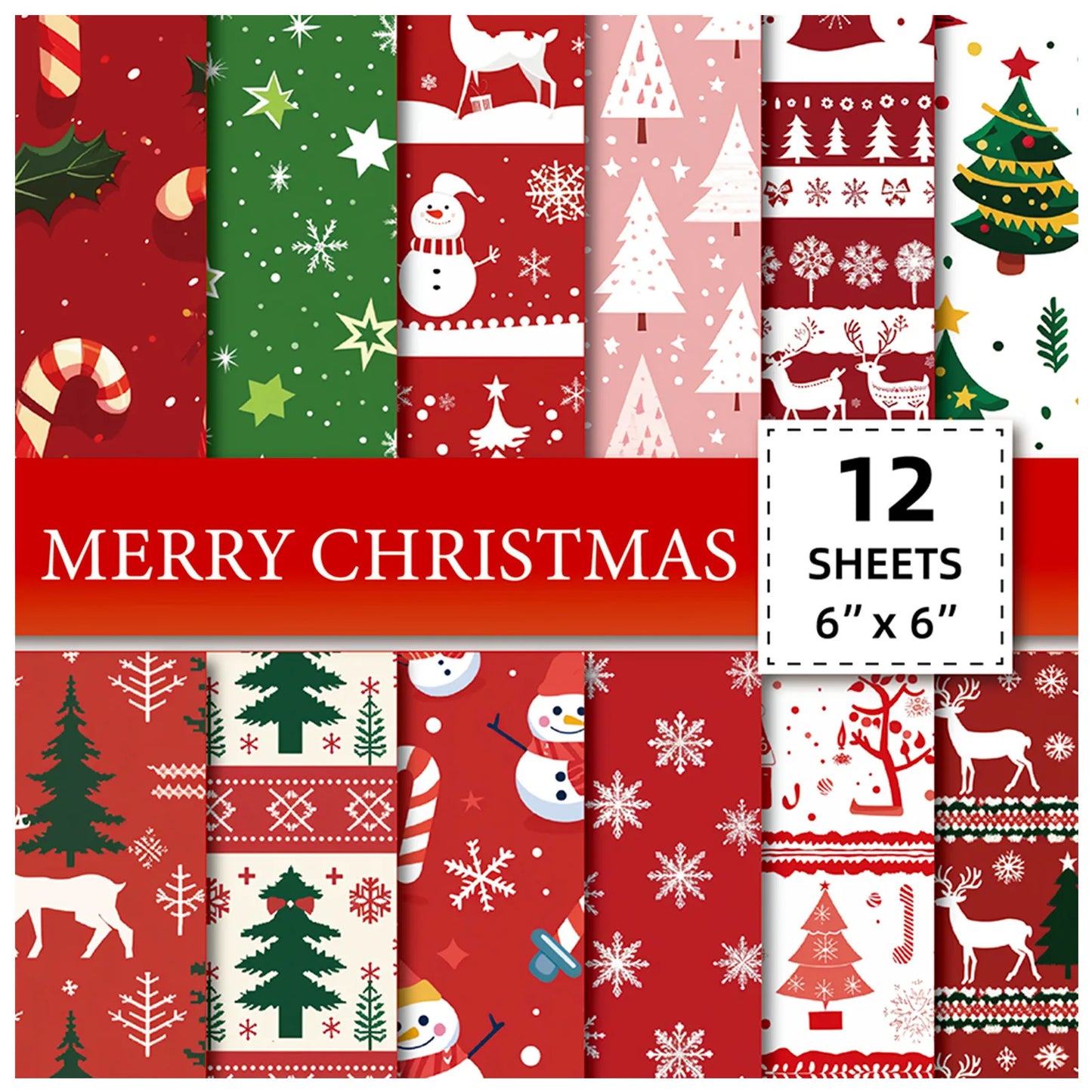 12 Sheet Scrapbooking Paper 15x15cm, Christmas Journal Planner Paper Pad Cardstock Backgrounds Card for DIY Art Craft Decorat