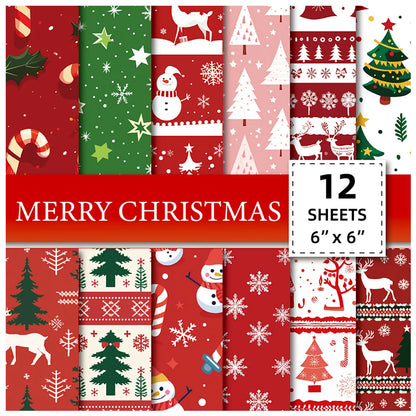 12 Sheet Scrapbooking Paper 15x15cm, Christmas Journal Planner Paper Pad Cardstock Backgrounds Card for DIY Art Craft Decorat