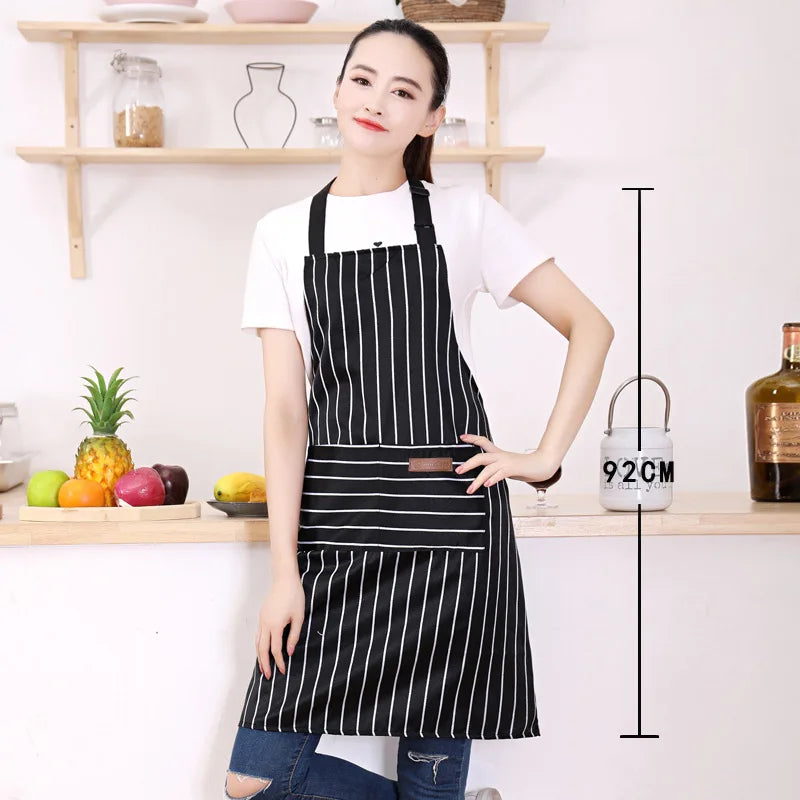 White Black Striped Man Woman Home Restaurant Kitchen Baking Nail Bib Oil Repellent Work Apron 2 Pockets Adjustable Clean Apr