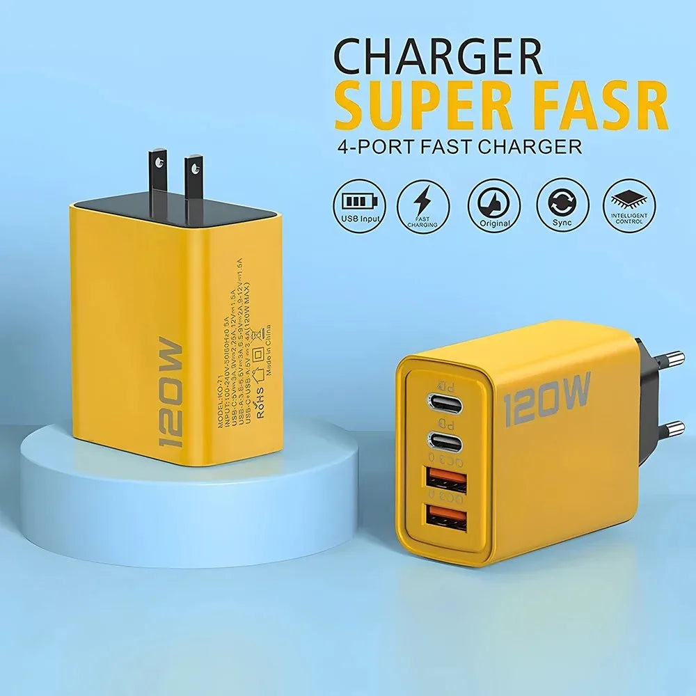 4 Ports USB C PD Charger Quick Charge 3.0 Type C USB Phone Chargers Fast Charging Adapter For iPhone 16 15 Samsung Xiaomi Hua