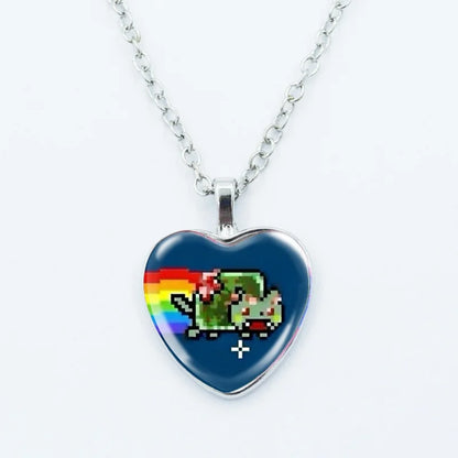 Cute Funny Rainbow Alien Cat Heart Pendant Necklace Animal Shape Art Photo Glass Cabochon Jewelry Children's And Women's - 10