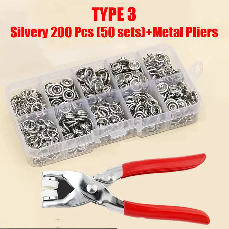 50/100 Metal Prong Snap Button Hollow Press Prong Fastener Studs with Pliers Tool Set Kits for Clothes Garment Sewing Bags Sh