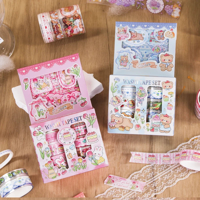 Kawaii Cartoon Washi Tape & Sticker Set, 10/40 Rolls, 10pcs Tape + 4pcs Stickers, Decorative Tape for Scrapbooking