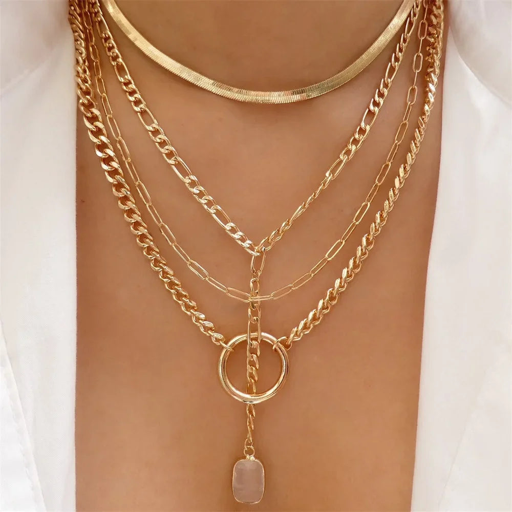 Vintage Punk Gold-plate Thick Chain Head Portrait Coin Pendant Necklace For Women Fashion Multilevel Geometric Hip Hop Jewelr