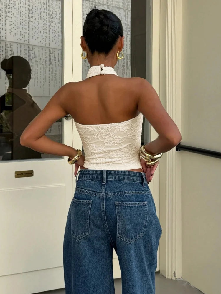 Women's Sexy White Lace High Neck Halter Back Button Backless Slim Fit Crop Top Casual Daily Vacation Summer 2026