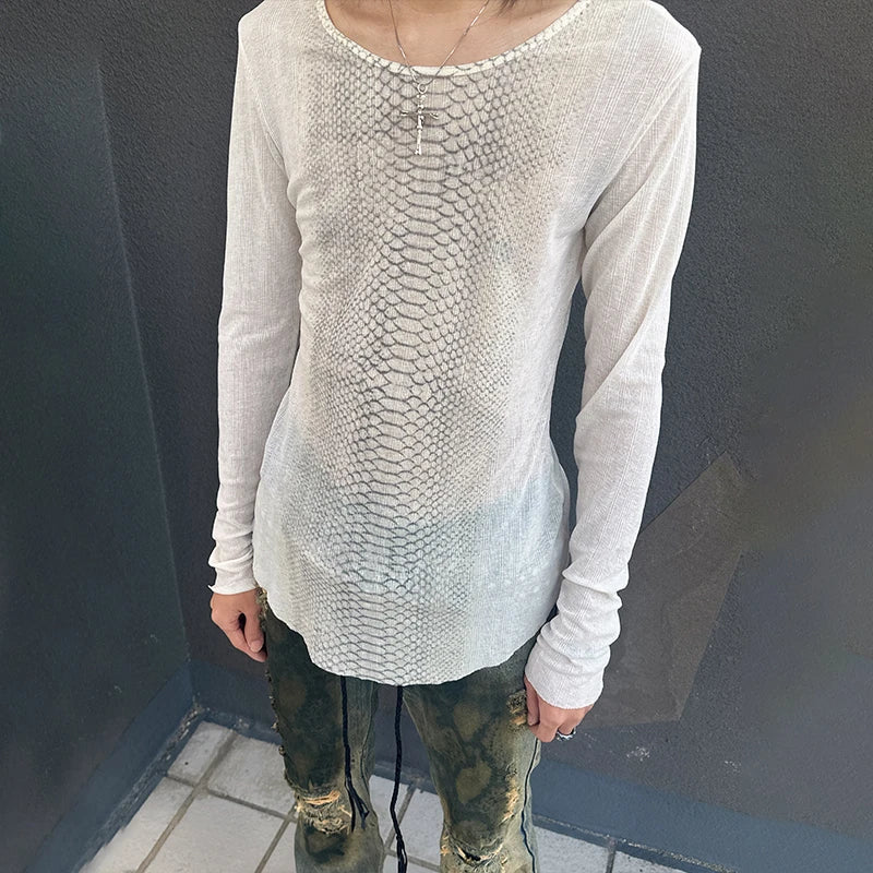 Karrcat Trashy Y2k Snakeskin Print T-shirt Grunge Aesthetics Long Sleeve Knitted Tops Vintage 2000s Streetwear American Retro