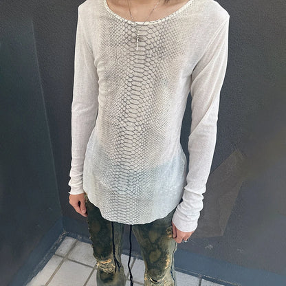 Karrcat Trashy Y2k Snakeskin Print T-shirt Grunge Aesthetics Long Sleeve Knitted Tops Vintage 2000s Streetwear American Retro