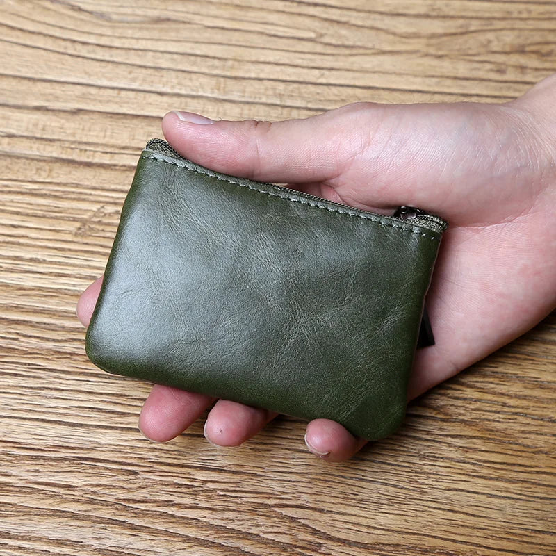 Leather Mini Coin Purse Unisex Simple Portable First Layer Cowhide Retro Handmade Zipper Small Wallet Key Case - Army Green