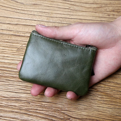 Leather Mini Coin Purse Unisex Simple Portable First Layer Cowhide Retro Handmade Zipper Small Wallet Key Case - Army Green