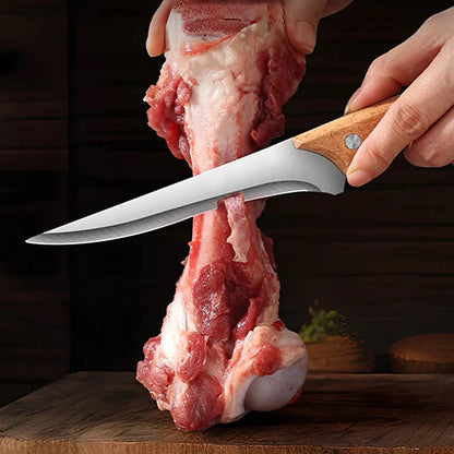 Stainless Steel Fillet Boning Knife Professional Chef's Kitchen Knife Forged Meat Cleaver Fish Slicing Knife Wooden Handle