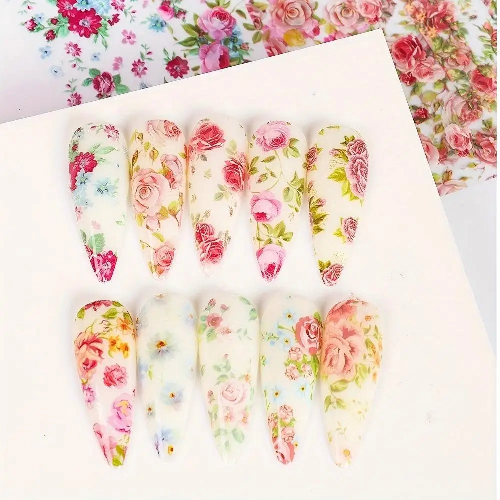 10PCS Mixed Nail Art Foils Transfer Sticker Set Rose Flower Designs Floral Starry Sky Nail Wraps Wedding Summer Manicure Deco