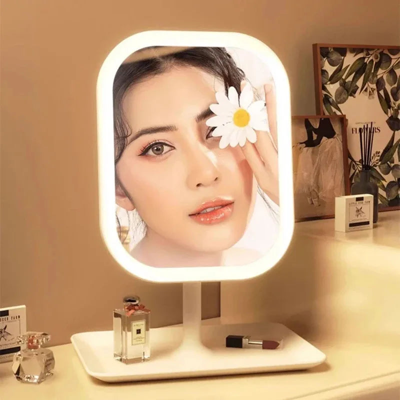 New 1Pc LED Modern Desktop Vanity Mirror, Portable 3 Color Light LED Makeup Mirror Touching Mirror Women Bedroom Dressing Mir