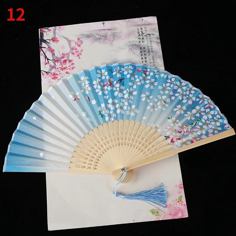 1Pc Vintage Silk Folding Fan Retro Chinese Japanese Bamboo Folding Fan Tassel Dance Hand Fan Home Decoration Ornament Craft G