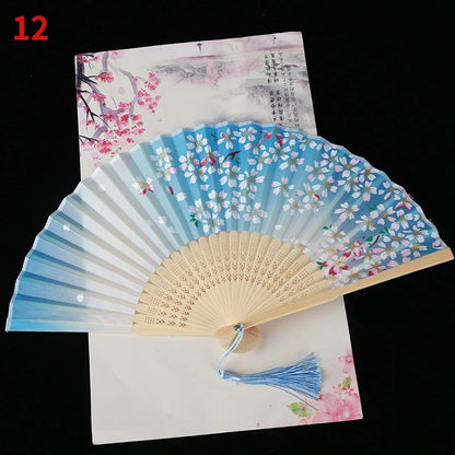 1Pc Vintage Silk Folding Fan Retro Chinese Japanese Bamboo Folding Fan Tassel Dance Hand Fan Home Decoration Ornament Craft G