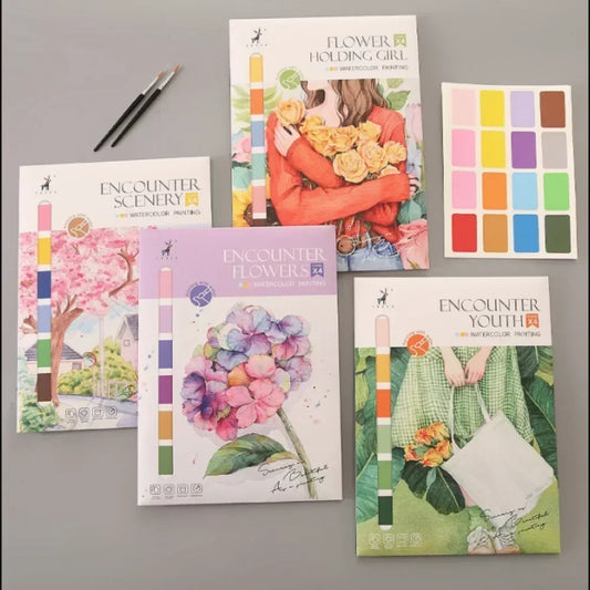 Portable Watercolor Painting Book 4 Sheets Coloring Book with Paint Brush Gouache Book Kids Graffiti Picture Drawing Statione