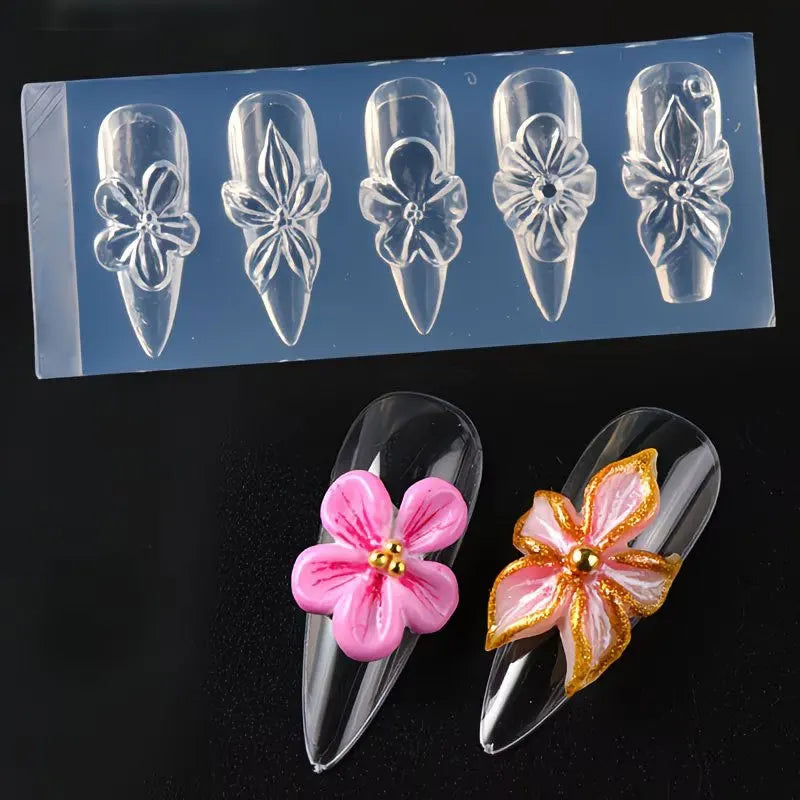 3D Flower Silicone Nail Mold Lily & Hibiscus Petals Carving Template Gel Polish Stencils for Spring Summer Manicure Decor