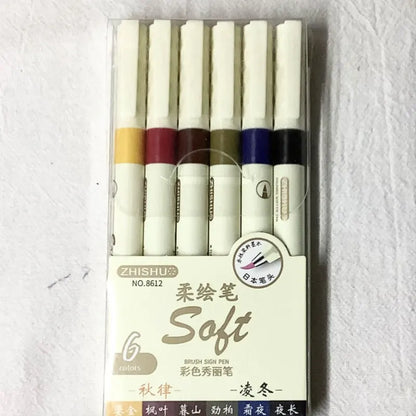 12/6 Color Vintage Watercolor Lettering Art Marker Drawing Pen Set Multicolor Soft Brush Tip Calligraphy Painting Art Supplie