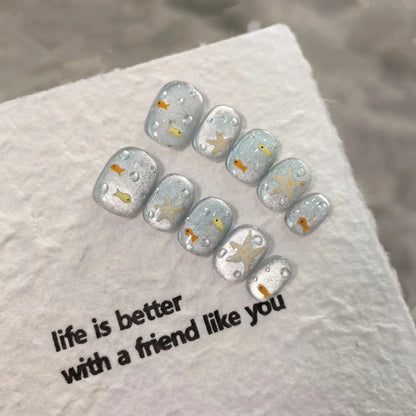 10pcs/set Handmade Press-On Nails - Blue Glossy Fish & Bubbles Design Short Oval Fake Nails with Cat Eye Effect False Nails
