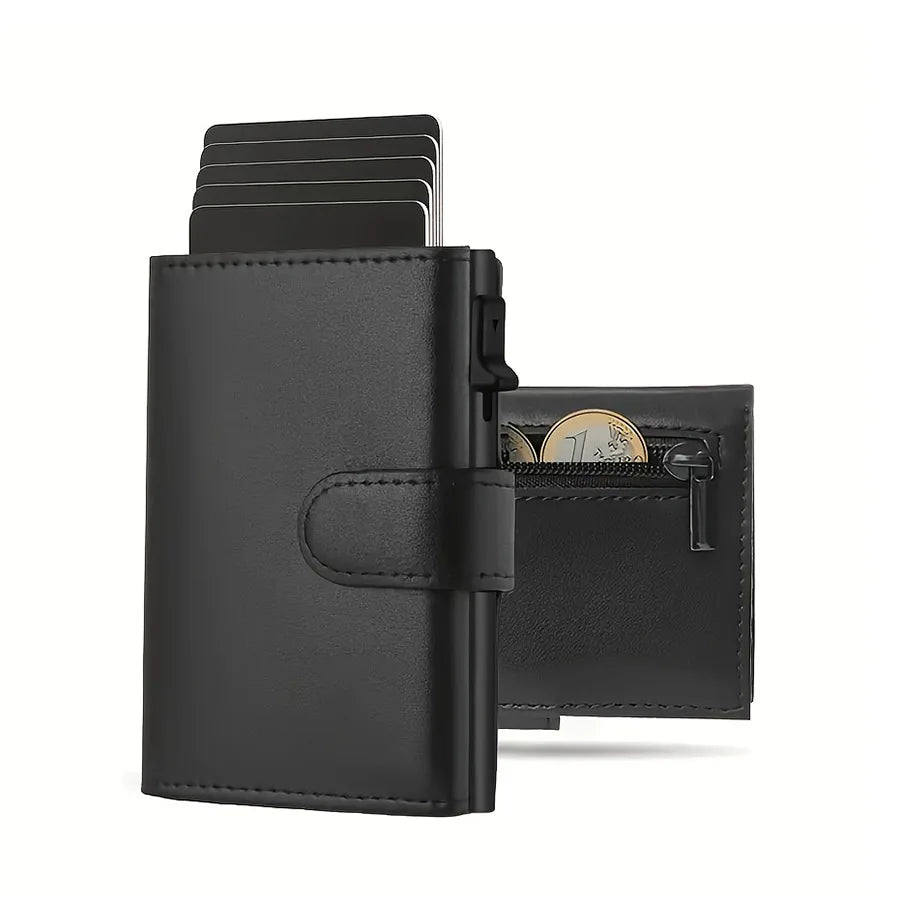 Pop Up Wallet with Coin Compartment RFID Protection Credit Card Holder Wallet for Men - Plain Black