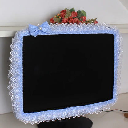 Lace Fabric Computer Frame Cover Monitor Screen Dust Cover With Elastic Pen Pocket Bow Home Decorations - Blue / 23-26 inches