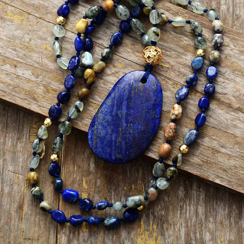 Bohemian Women Lariat Strand Necklace Random Semiprecious Stone Lapis Pendant Necklace Boho Jewelry