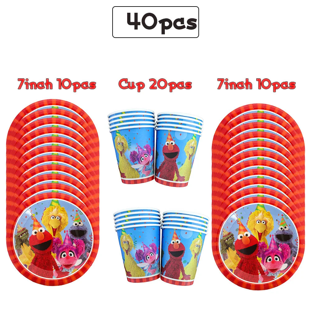 Cartoon Sesames Street Birthday Party Decor Elmo and Friends Theme Tablecloth Plate Balloon Set Cake Decor Baby Shower - 1Set