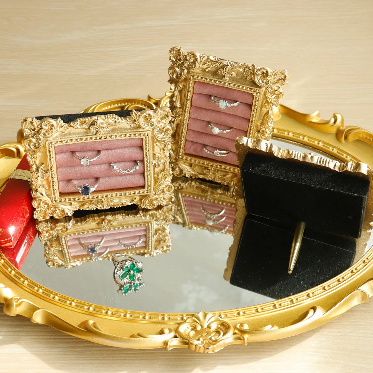 Vintage Gold Ring Display Stand,Suede Earring Tray Baroque Design,Wedding & Birthday Gifts, Velvet Organizer for Engagement P