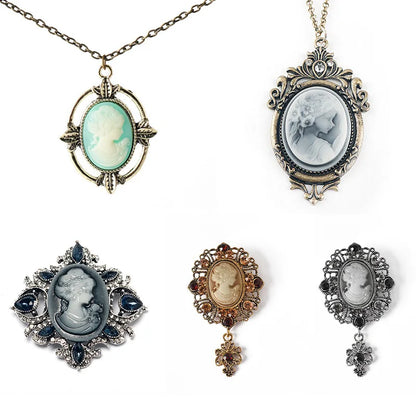 Victorian Crystal Rhinestones Cameo Vintage Brooches For Women Queen's Cameo Beauty Head Brooch Pin Clothing Accessor