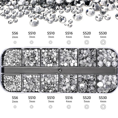 2400pcs+ Shiny Clear Crystal Gems Nail Rhinestones 1.5-4mm Mixed Round Glass Stone Flatback Nail Charms 12grids Nail Diamond 