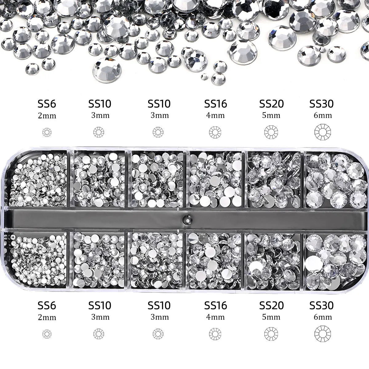 2400pcs+ Shiny Clear Crystal Gems Nail Rhinestones 1.5-4mm Mixed Round Glass Stone Flatback Nail Charms 12grids Nail Diamond 