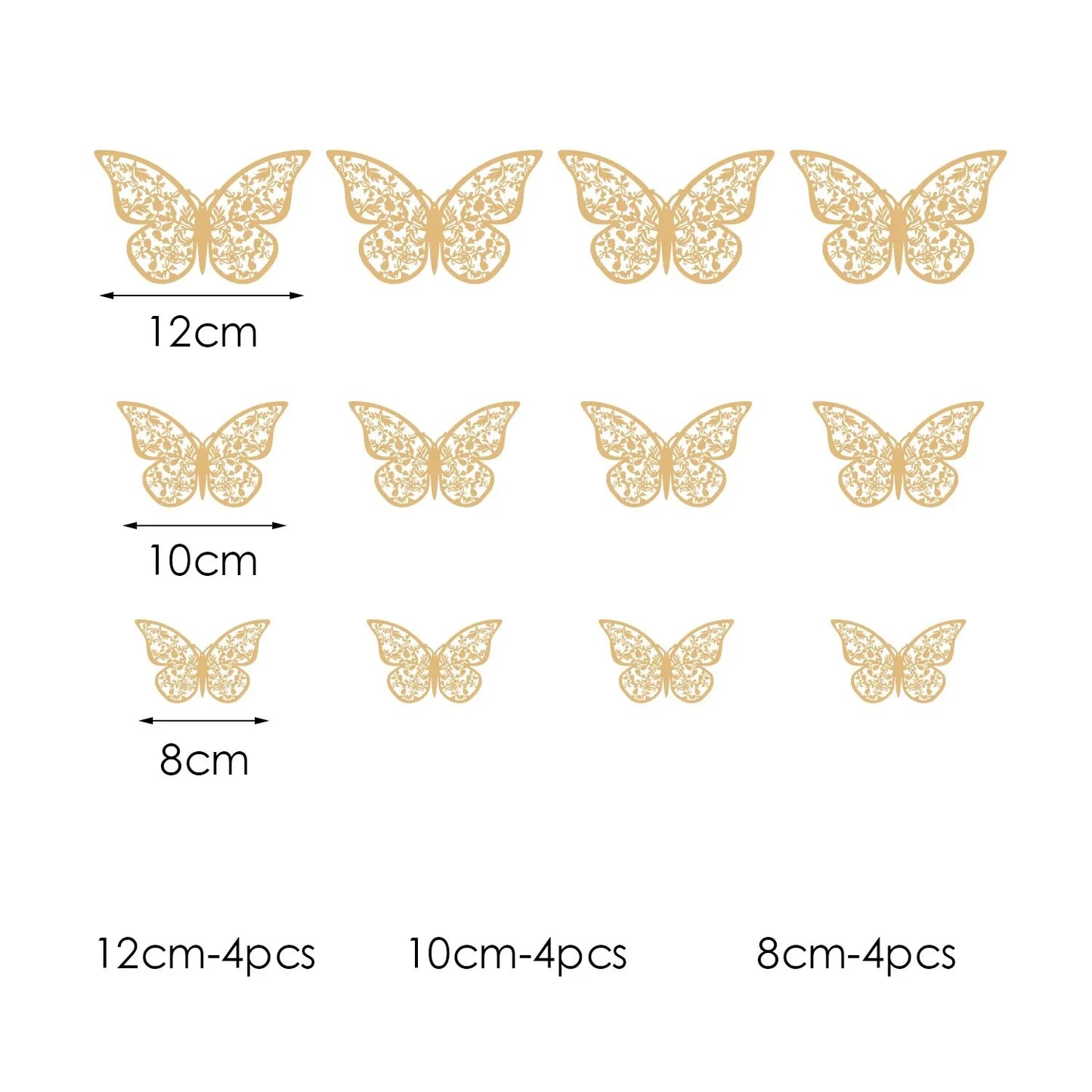12pcs/lot Metal Inspired Hollow 3D Paper Butterfly Decorations for Parties, Festivals, Weddings, Birthdays, Wall Stickers