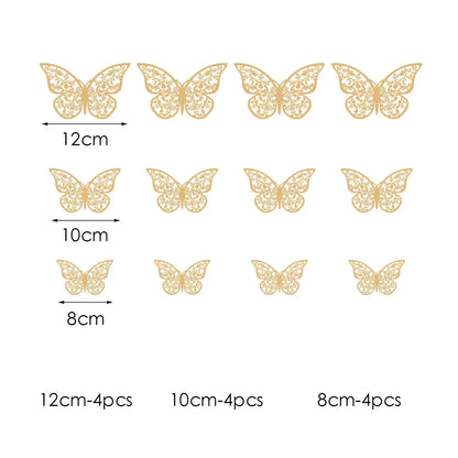 12pcs/lot Metal Inspired Hollow 3D Paper Butterfly Decorations for Parties, Festivals, Weddings, Birthdays, Wall Stickers