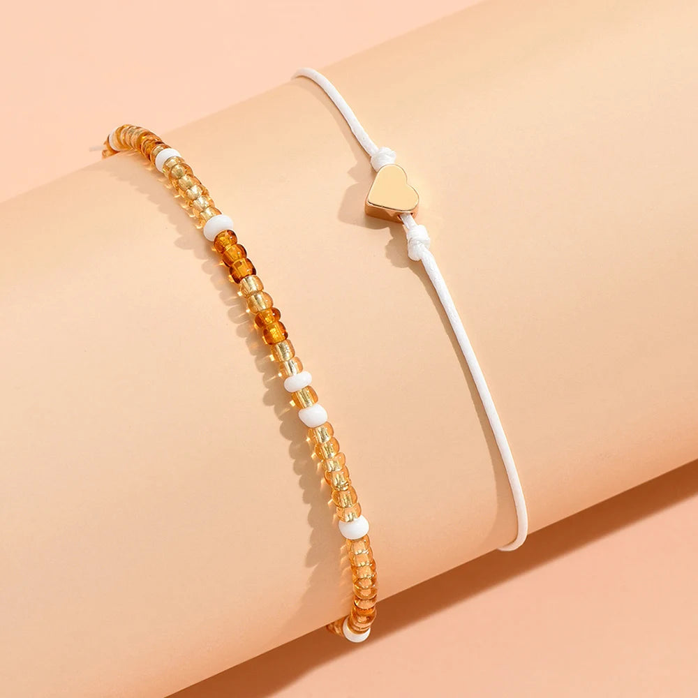 Boho Anklet Foot Colorful Beads Chain Summer Bracelet Heart Pendant Charm Anklet Sandals Barefoot Beach Foot Bridal Jewelry J