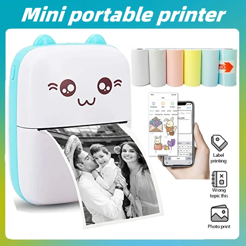 Portable thermal printer mini cat print photo pocket thermal label printer 58mm printing wireless Bluetooth Android iOS print