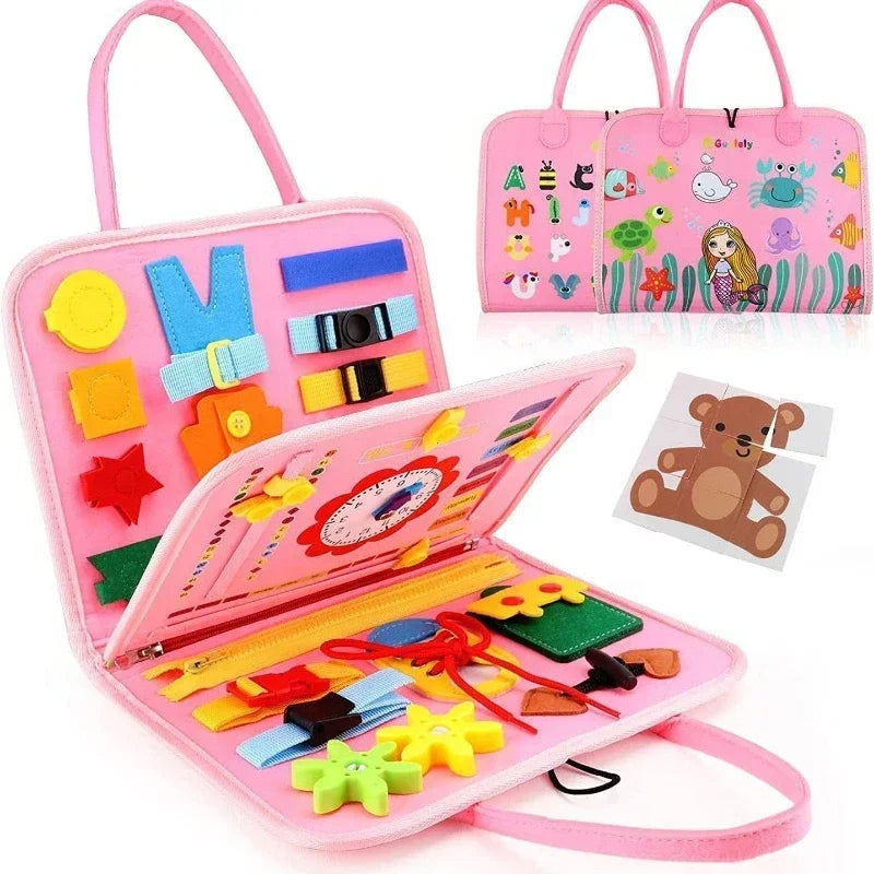 Montessori Kids Travel Toy Felt Activity Quiet Books Busy Board Activity Educational Sensory Learning Book - Pink
