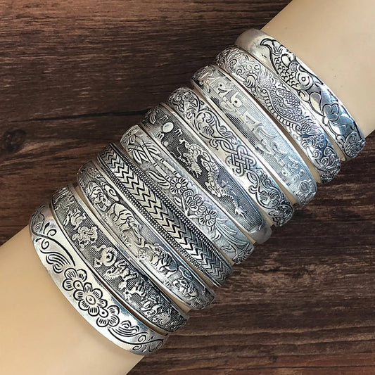 Vintage Antique Silver Color Animal Snake Flower Pattern Bangles For Women Bohemian Open Metal Bracelets Party Jewelry Gifts
