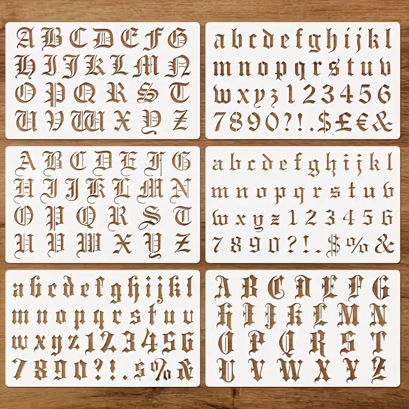 Gothic Calligraphy Stencil, 6-Pack Reusable Old English Letter Number Template for DIY Painting, Craft, Scrapbooking