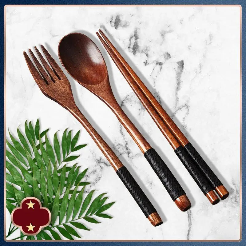1pc Wooden Chopsticks Fork Spoon Three-piece Set Twine Japanese-style Tableware Kitchen Home Chopsticks Fork Spoon Cutlery Se