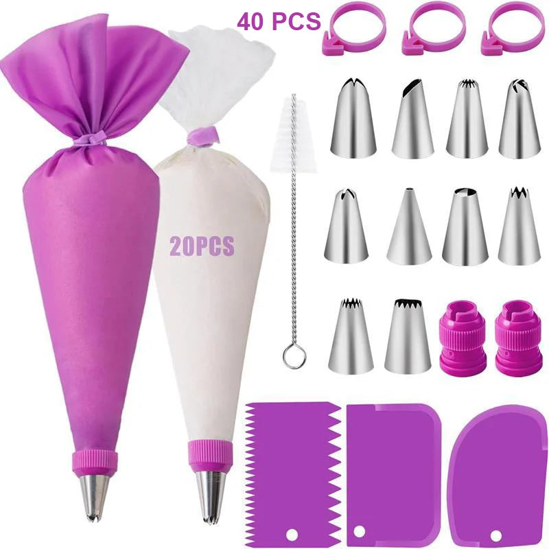 Silicone Piping Bags and Tips Set Cake DIY Decorating Kit with Stainless Steel Nozzle Reusable Silicone Pastry Baking tool - 