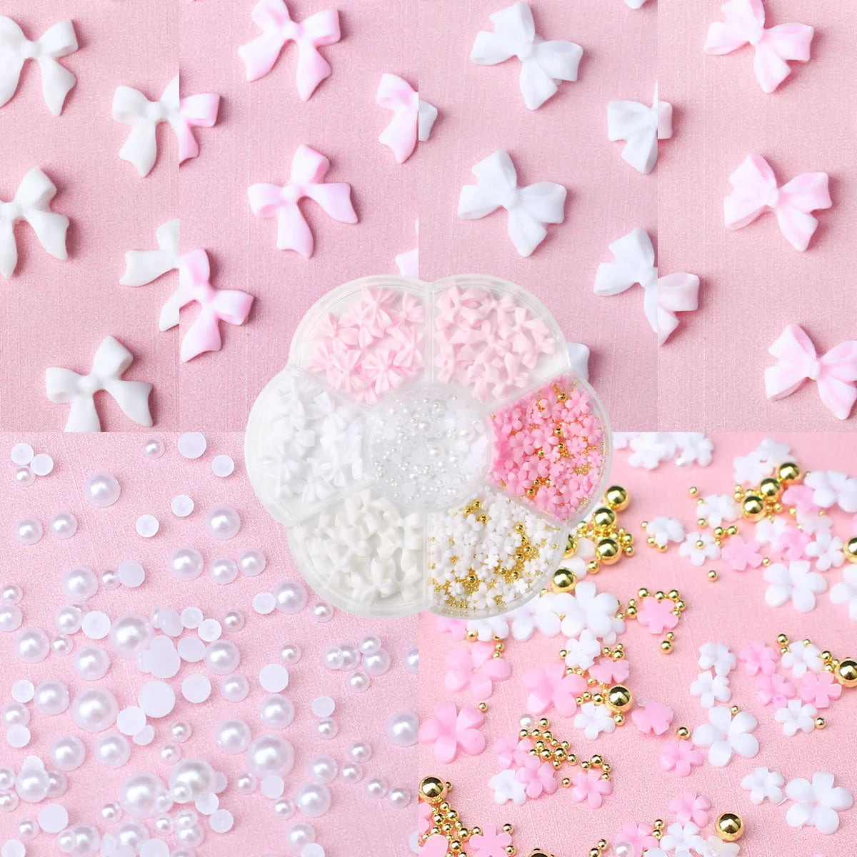 1box 3D Flower Bow Nail Art Decorations Kit Pink/White Acrylic Floral/Peal Beads Nail Charm with Wax Pen/Tweezer 4/6mm Nail P