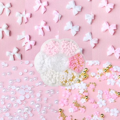 1box 3D Flower Bow Nail Art Decorations Kit Pink/White Acrylic Floral/Peal Beads Nail Charm with Wax Pen/Tweezer 4/6mm Nail P