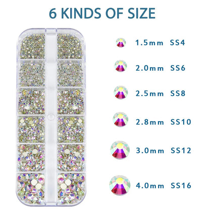 2400pcs+ Shiny Clear Crystal Gems Nail Rhinestones 1.5-4mm Mixed Round Glass Stone Flatback Nail Charms 12grids Nail Diamond 