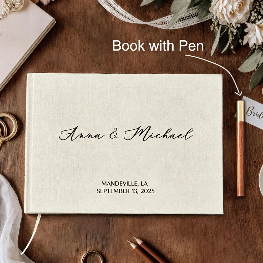 Custom Wedding Guest Book with Pen Personalized Linen Hardcover Photo Album Wedding Keepsake & Anniversary Memory Guestbook G