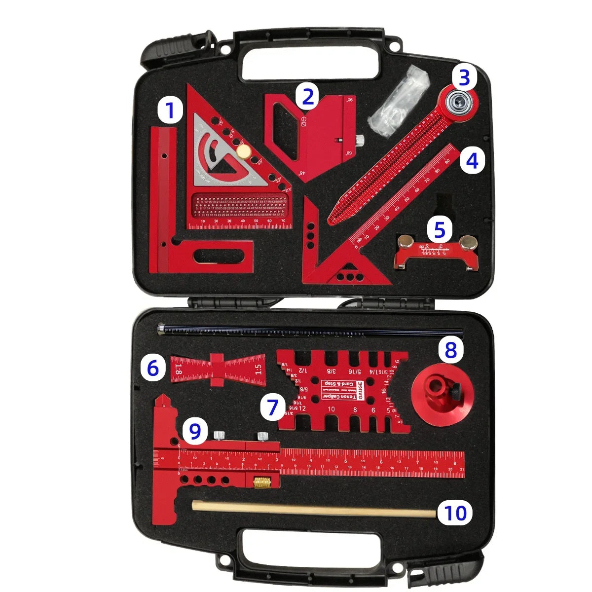 Woodworking Project Combination Set with Box, Including Triangle Ruler, Scriber, Tenon Gauge, Dovetail Gauge, Positioning Cla