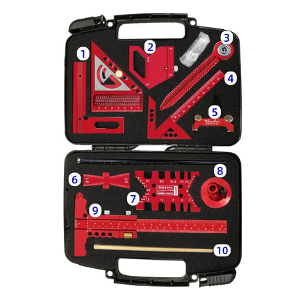 Woodworking Project Combination Set with Box, Including Triangle Ruler, Scriber, Tenon Gauge, Dovetail Gauge, Positioning Cla